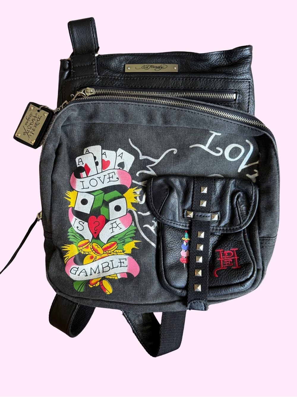 Ed Hardy Love Is A Gamble Black Denim Leather Saddle Crossbody Bag Y2K - Picture 2 of 9